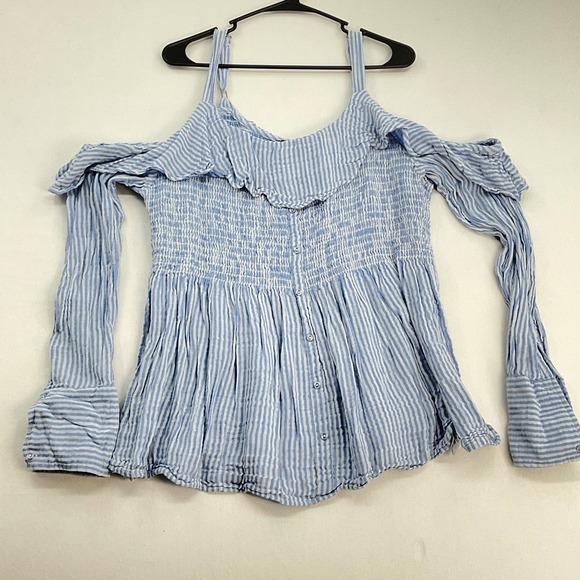 Jessica Simpson Blue White Striped Cold Shoulder Smocked Top 2X Womens Plus Size - Picture 2 of 7